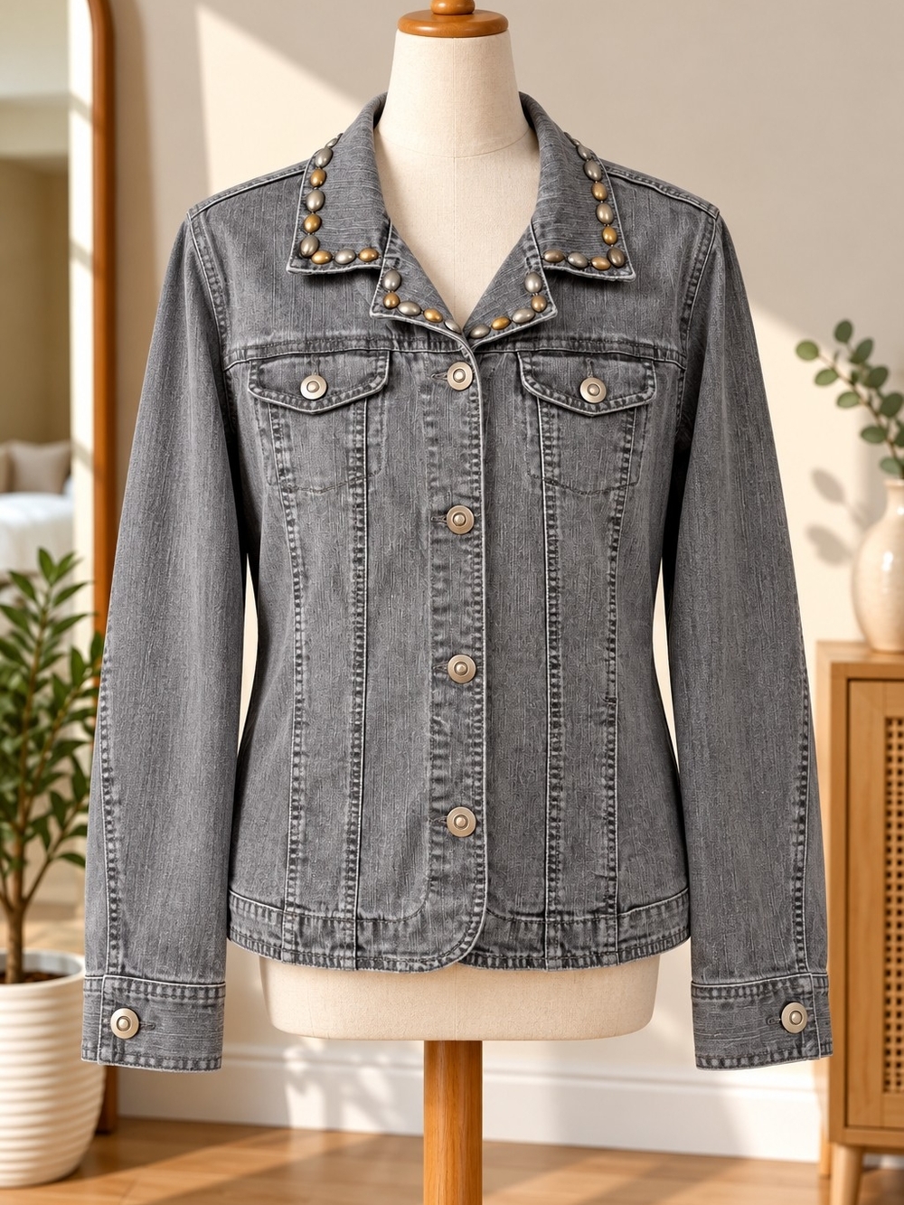 Hearts of Palm Womens 16 Gray Denim Jacket Studded Collar Stretch Button Front